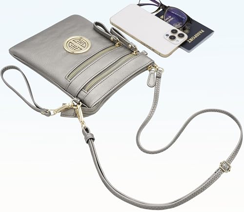 Solene Small Multi Zipper Pockets Crossbody Bag with Detachable Wristlet - color: Light Pewter