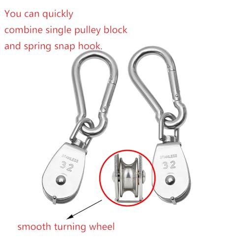 2X 304 Stainless Steel M32 Single Swivel Rope Pulley Blocks with Snap Hooks | 360° anti-twist swivel pulley. For lifting, towing & hanging wire rope on crane/outdoor. Has spring snap hooks for fast fit - size: M32-2pcs