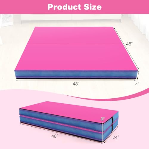 Goplus 4" Thick Folding Gymnastic Mat, Thickened Bi-Fold Fitness Mat with Carrying Handles & PU Leather Cover, Home Gym Tumbling Mat for Stretching, Pilates, Aerobics Workouts - color: Rose&Blue