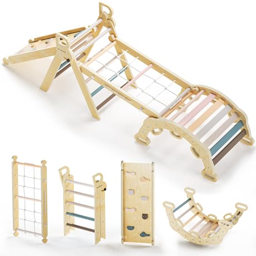 BlueWood 2025 8-in-1 Pikler Triangle Climbing Set Toddler Toys Indoor Baby Jungle Gym Climber Playground for Kids - Mauve Pink - color: Mauve Pink