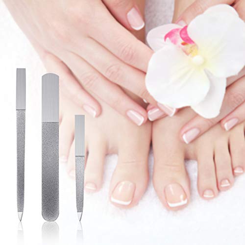 Mudder 3 Pcs Metal Diamond Nail File Set for Women Men Stainless Steel Metal Double Side Fingernail Toenail Buffer Filers Silver Emery Boards for Salon Home Travel Manicure Pedicure Nail Care Tool - color: Silver