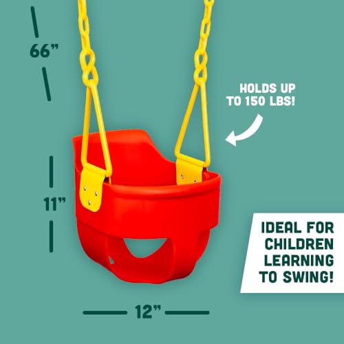 Premium High Back Full Bucket Toddler Swing Seat with Finger Grip, Plastic Coated Chains and Carabiners for Easy Install - Red - Squirrel Products - color: Red