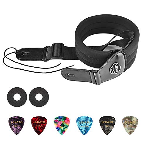 LEKATO Bass Guitar Straps for Electric Guitar & Bass 3" Wide Padded Straps Adjustable Length from 45" to 55" Bass Guitar Strap with Pick Holder 2 Safety Strap Locks & 6 Picks - color: Black, size: Regular(45"-55")