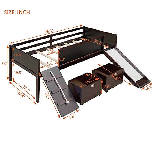 Twin Size Low Loft Bed with Climbing Rope and Double-Sided Chalkboard, Kid's Play Bed with Two Toy Storage Boxes for Bedroom (Espresso)