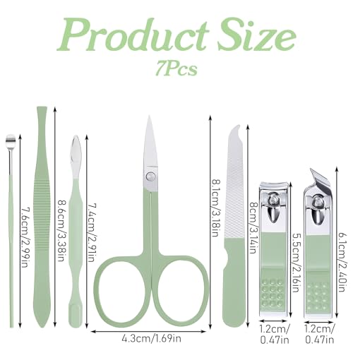 7 Pcs Manicure Set, Travel Nail Clippers with Green Leather Bag, Professional Carbon Steel Travels Nail Care Clippers, 7 in 1 Portable Travel Grooming Kit for Women Men (Green)