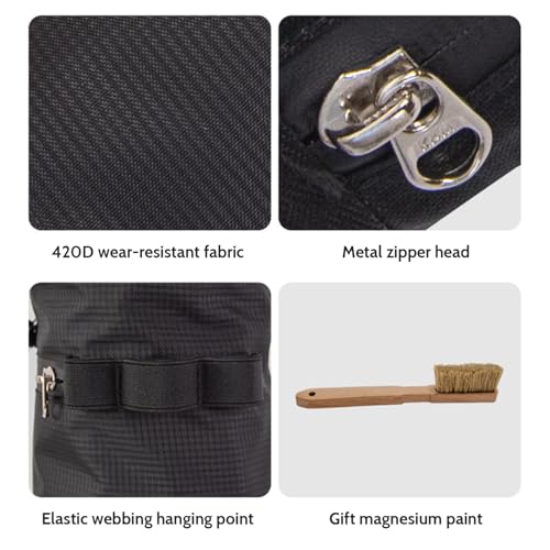 Climbing Chalk Bag 5x7.5 Fleece-Lined Waterproof 420D Oxford Chalk Bag with 24-43" Waist, Drawstring, Brush & Zipper Pockets for Men Women