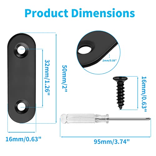 Biaungdo 2" Stainless Steel Flat Plate Straight Bracket, Black, 20 Sets | Metal Corner Brace Brackets, Mending Repair Plate Brace, With Screws & Screwdriver, For Wood, 50mm x 16mm x 2mm - size: 50x16x2.0mm