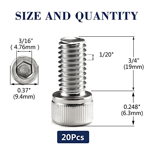 1/4-20 x 3/4" Socket Head Cap Screws Bolts, 20Pcs 304 Stainless Steel 18-8, Allen Socket Hex Drive, Full Thread, Bright Finish by SG TZH(with Hex Spanner) - size: 1/4-20 x 3/4"