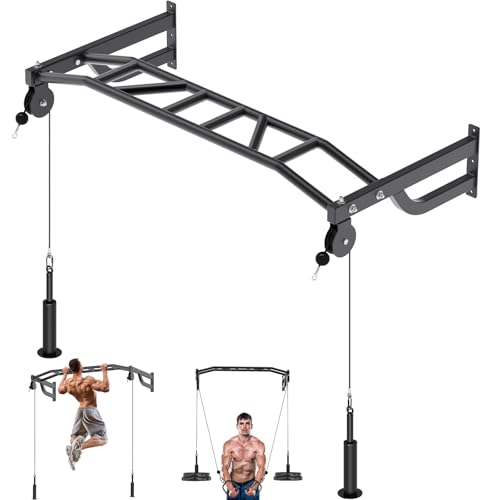 SELEWARE 48'' Heavy Duty Wall Mount Pull Up Bar with Cable Pulley System | Multi-function Chin up Bar with Cable Pulleys LAT Pulldown Attachments Heavy Bag Hanger for Home/Garage Gym Strength Training - color: C. Black Pull Up Bar with Cable Pulley System