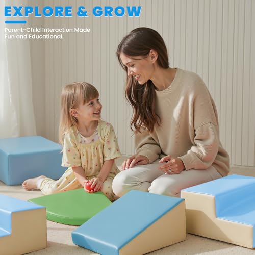 Hoohtoot PU Leather Foam Blocks for Toddlers: 6-Piece Indoor Climbing Play Set - Soft Climbing and Sliding Blocks - Baby Learning Gym - Toddler Activity Structure for Preschool - style: Blue/Green