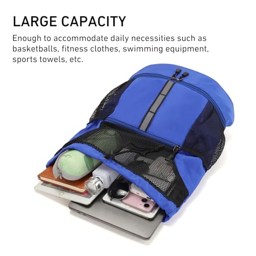 Valleycomfy Drawstring Gym Bag Sports Backpack With Shoe Compartment Blue | Reflective Strips Top Handle - color: Royal Blue