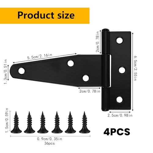 4 PCS 3 Inch T Strap Hinges Heavy Duty, Shed Door Gate Hinges(Black) | 3 inch t hinges Heavy Duty Black Outdoor Tee Hinge for Wooden Fences, Barn Door Gates Hinge for Shed Door Hardware - size: 3 Inch