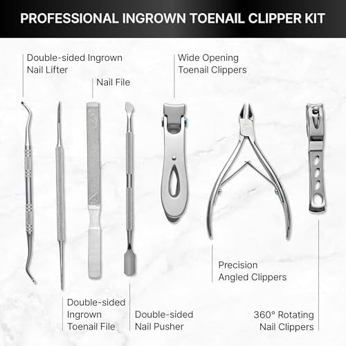 Ingrown Toenail Clippers for Seniors Thick Toenails, 7 Pcs Heavy Duty Large Pedicure Toe Nail Clipper Set with Wide Opening, Includes Nail Cutter, File, Lifter, Cuticle Pusher, Travel Case - color: 7 Pcs Set (360° Clippers + Cuticle Clipper)