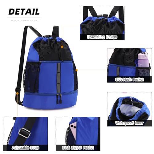 Valleycomfy Drawstring Gym Bag Sports Backpack With Shoe Compartment Blue | Reflective Strips Top Handle - color: Royal Blue