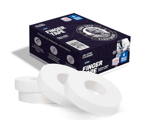 Premium Finger Tape White (4-Rolls) 0.3 in x 45 ft | Cloth Cotton, Non-Slip, Extreme Quality Tape, No Residue | for BJJ, Judo, Grappling, MMA, Climbing, Crossfit | Hands & Toes |