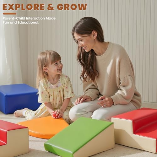 Hoohtoot Foam Climbing Blocks for Toddlers: 6-Piece Soft Play Set - PU Leather Climbing and Crawling Toys - Indoor Baby Learning Gym - Kids Play Structure for Birthday Gift - style: Red/Green