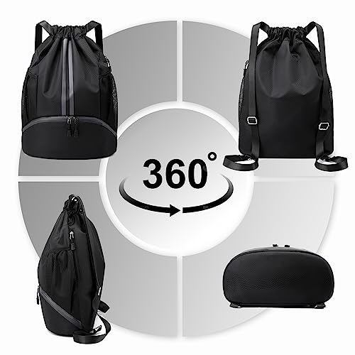 Hoedia Sports Drawstring Backpack - String Swim Gym Bag with Shoes Compartment and Wet Proof Pocket for Women&Men | String Bag with Shoes Compartment and Wet Proof Pocket, Adjustable Wider Shoulder Strap, For Soccer, Basketabll, Volleyball - color: Black,