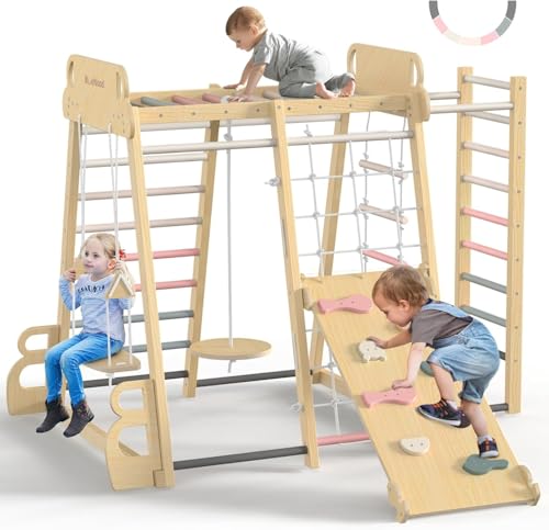 Upgraded Indoor Jungle Gym 9-in-1 Playground Kids Climbing Toys | Waldorf Style Wooden Climber Playset with Slide, Swing, Monkey Bars, Upright/Rope Ladder, Climb Net, Pink - color: Pink