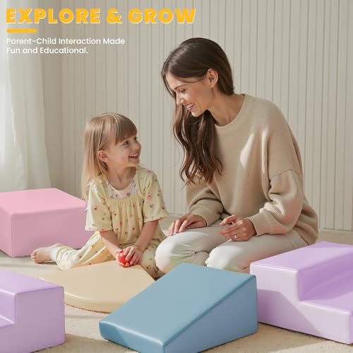 Hoohtoot Foam Climbing Blocks for Toddlers: 6-Piece Soft PU Leather Set - Indoor Climbing and Crawling Toys - Baby Play Gym - Kids Learning Play Structure for Preschool - style: Yellow/Pink