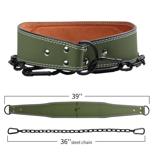 Heavy-Duty Leather Weightlifting Dip Belt with Steel Chain—Weightlifting, Squats, Deadlifts, Weighted pull-ups, Push-ups and Progressive Resistance Training - color: Military Green