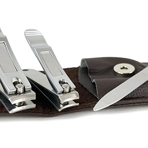 Nail Clippers by Zizzili Basics - 3 Piece Nail Clipper Set - Stainless Steel Fingernail & Toenail Clippers with Nail File and Brown Travel Case - Best Nail Care for Men, Women, Manicure & Pedicure - color: Brown Case