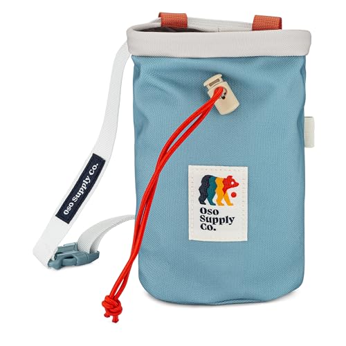 Oso Supply Co - Classic Chalk Bag for Rock Climbing, Bouldering Chalk Bag Bucket with Quick-Clip Belt, Zippered Pockets and Pouch - Perfect Indoor/Outdoor Rock Climbing Gear Equipment - color: Mineral Blue & Red