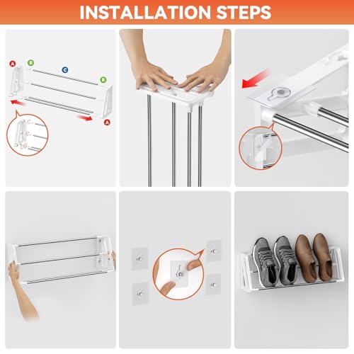 Wall Mounted Shoe Rack, 3 Pack Wall Shoe Rack Holds 6 Pairs of Shoes with Sticky Adhesive Strips Shoe Organizer Space Saving Wall Mount Shoe Storage for Camper Shoe Hanger White