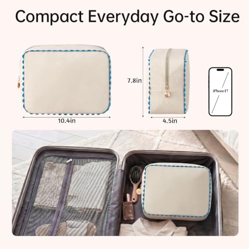Canvas Makeup Bag for Women | Rainbow Rick Rack Trim,Mahjong Tile Travel Toiletry Organizer,Everyday Use, Beach and Gift for Girlfriend - color: Natural+Blue
