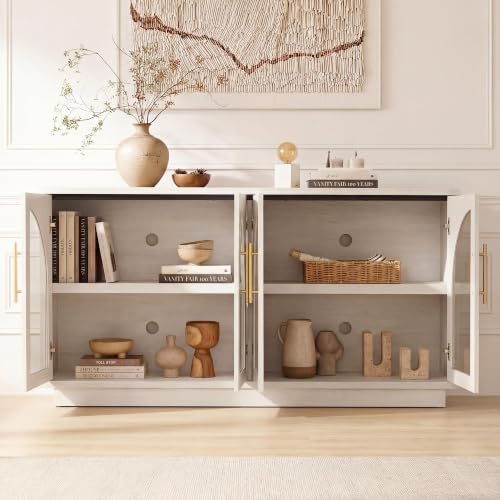 Fatmok 59" Buffet Cabinet with Glass Doors, Modern Arched Sideboard with Large Storage and Adjustable Shelves, Accent Console Credenza for Dining Room, Living Room, Entryway, White Wood Grain - color: B-white Wood Grain