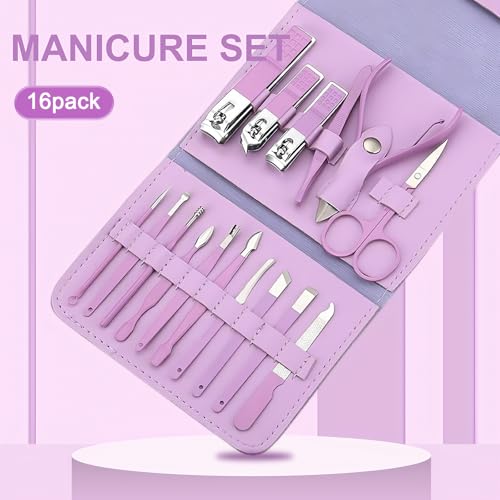 Manicure Set Professional Nail Clippers Pedicure Kit, 16 pcs Stainless Steel Nail Care Tools Grooming Kit with Luxurious Travel Leather Case for Thick Nails Men Women (Violet)