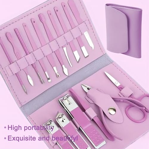 Manicure Set Professional Nail Clippers Pedicure Kit, 16 pcs Stainless Steel Nail Care Tools Grooming Kit with Luxurious Travel Leather Case for Thick Nails Men Women (Violet)
