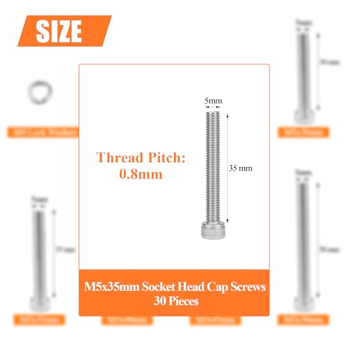 HELIFOUNER 30 Pieces M5 x 35mm, Thread Pitch 0.8mm, 304 Stainless Steel (18-8) Hex Socket Head Cap Screws, Fully Threaded - size: M5 x 35mm