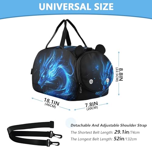 Kids Sports Duffel Bag for Boys & Girls - Blue Flame Dragon 100% Polyester Gym Bag with Separate Shoe Compartment, Adjustable Shoulder Strap, Compact Travel & Workout Gear Bag - color: Blue Flame Dragon
