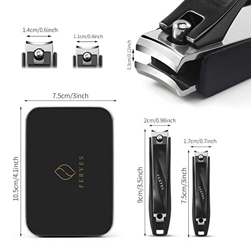 FERYES Nail Clippers with Catcher 2 PCS Set, No Splash Fingernail Clipper and Toenail Clipper, Stainless Steel Nail Cutters - W/Black Metal Case Packing - color: Black 2pcs