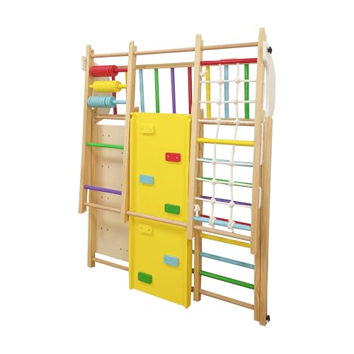 Large Wooden Indoor Jungle Gym 9-in-1 Playground Climbing Toys for Kids Ages 2-6, Waldorf Style Wooden Climber Playset with Slide, Monkey Bars, Ladder, Rope Ladder, Rock Climbing, Swing (9-in-1) - size: 9-in-1