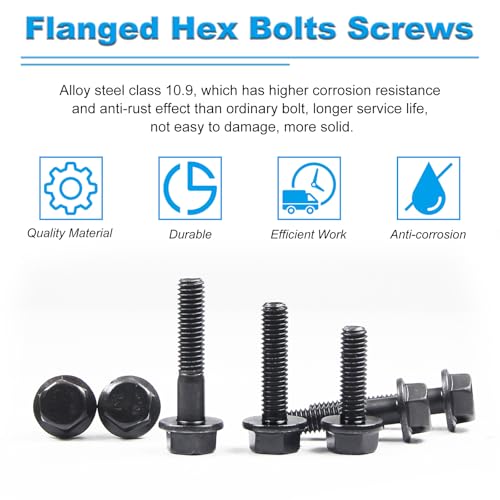M8-1.25 X 20mm Flanged Hex Head Bolts Flange Hexagon Screws, External Flange Hex Drive Screws,Class 10.9 Black Finish,Alloy Steel, Fully Threaded, 25 PCS - size: M8x20mm