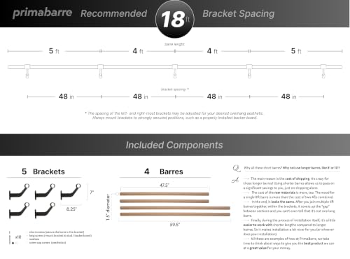 Wall-Mounted Ballet Barre for Home Dance, Exercise, Fitness, Stretching - Made in USA - size: 18 ft