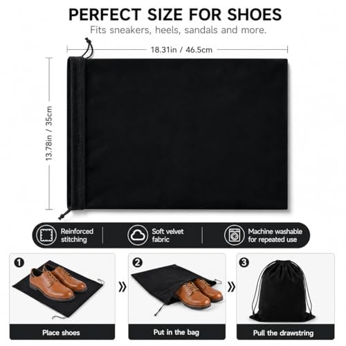 4 Pack Shoe Bags for Travel, Drawstring Travel shoe bag, Black & Beige | Large Size 18.3*13.78 inch,Soft Flannel Material,Washable & Reusable,Shoe Bag for Luggage