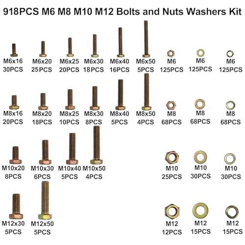 918Pcs Metric Bolt Assortment Kit - Grade 8.8 M6 M8 M10 M12 (16-50mm) Hex Bolts with Nuts & Washers, Yellow Zinc Plated, Storage Case for Heavy Equipment & Machinery Repair - size: 918PCS Metic Hex Bolt Kit M6~M12, Grade 8.8