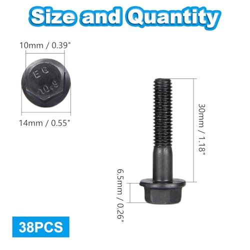 M6-1.0 x 30mm Flanged Hex Head Bolts Flange Hexagon Screws, External Flange Hex Drive Screws,Class 10.9 Black Finish,Alloy Steel,Partially Threaded, 38 PCS - size: M6x30mm