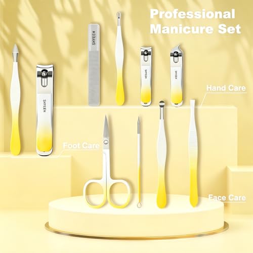Manicure Set, 10 pcs High-Carbon Steel Nail Clippers Set, Portable Mini Manicure and Pedicure Kit, Travel Grooming Nail Kit with Leather Bag for Men and Women - color: Yellow