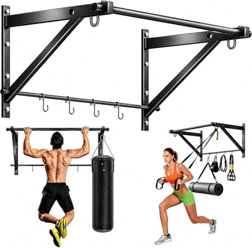 Adjustable Depth Pull Up Bar, Wall & Doorway Mounted Chin Up Bar with Hooks, Thickened Steel Construction, 500LBS Heavy Duty Capacity, Home Garage Upper Body Strength Training Equipment - color: Carbon Black
