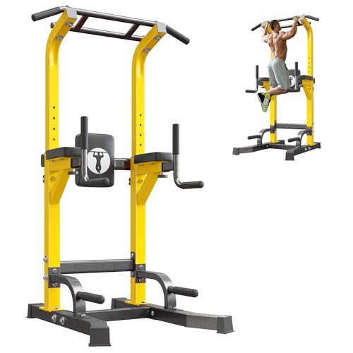 SogesPower Multi-Function Power Tower Pull Up Bar Station for Home Gym | 10-Level Adjustable Height Pull Up Bar Stand Dip Station Strength Training Workout Equipment - color: Yellow