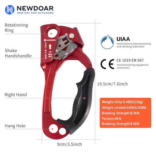 NewDoar UIAA & CE Certified Hand Ascender Rock Climbing Tree Arborist Rappelling Gear Equipment Rope Clamp for 8~13MM Rope - color: Red Pro-Right