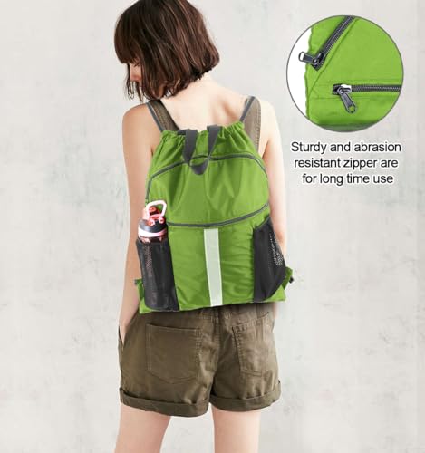 BeeGreen Drawstring Backpack Bag with Shoe Compartment, X-Large Black Gym Sports String Cinch Backpack - color: Lime