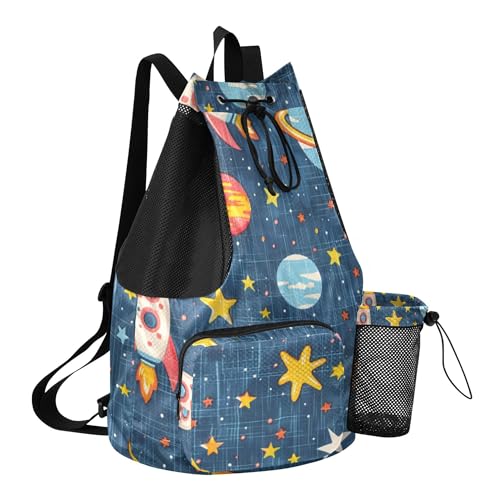 JUNZAN Rockets Deep Blue Drawstring Backpack Cinch Sacks with Water Bottle Holder Waterproof Climbing Gym Bag