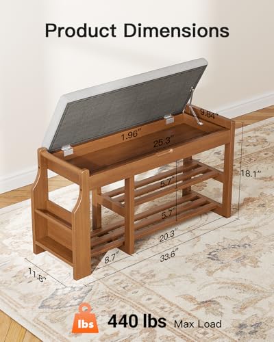 Pipishell 34″ Solid Pine Wood Shoe Rack Bench with Soft Cushion, 2 Tiers Shoe Storage Organizer with Lift-Top Storage and Side Holder, Holds up to 440 lbs, Shoe Bench for Entryway, Hallway, Bedroom - size: 33.6 Inch