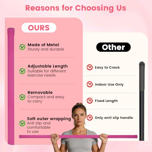 Yoga Stick Sturdy Steel, 5 Ft Adjustable Stretching Stick for Mobility, Flexibility and Balance, Versatile Exercise Stick with Non-Slip Ends and Foam Handles for Fitness, and Posture - color: pink