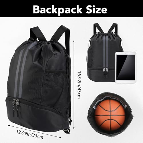 Drawstring Backpack Gym Bag, Waterproof String with Shoe Compartment, Black | 900D Oxford, Waterproof Divider, 2 Side Mesh Pockets, Adjustable Straps, 13 x 16.9 In, For Gym, Swim,Basketball,Beach