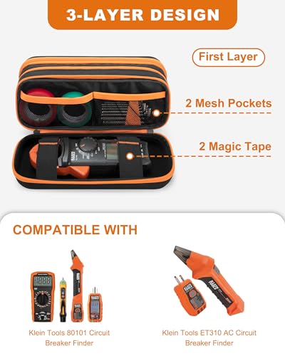 Hard Tool Carrying Bag, Zippered Multimeter Case with Handle | Compatible with Klein Tools 80101/Et310 Ac Circuit Breaker Finder, 3-Layer Design with Elastic Strap, Protective Shell